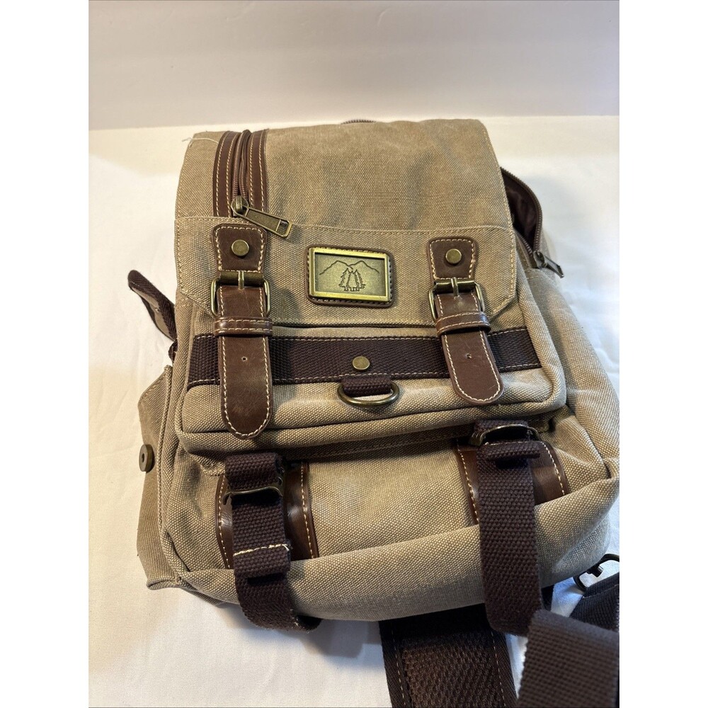 Khaki Canvas Backpack Brown Faux Leather Trim Brass Buckles Outdoor Rucksack